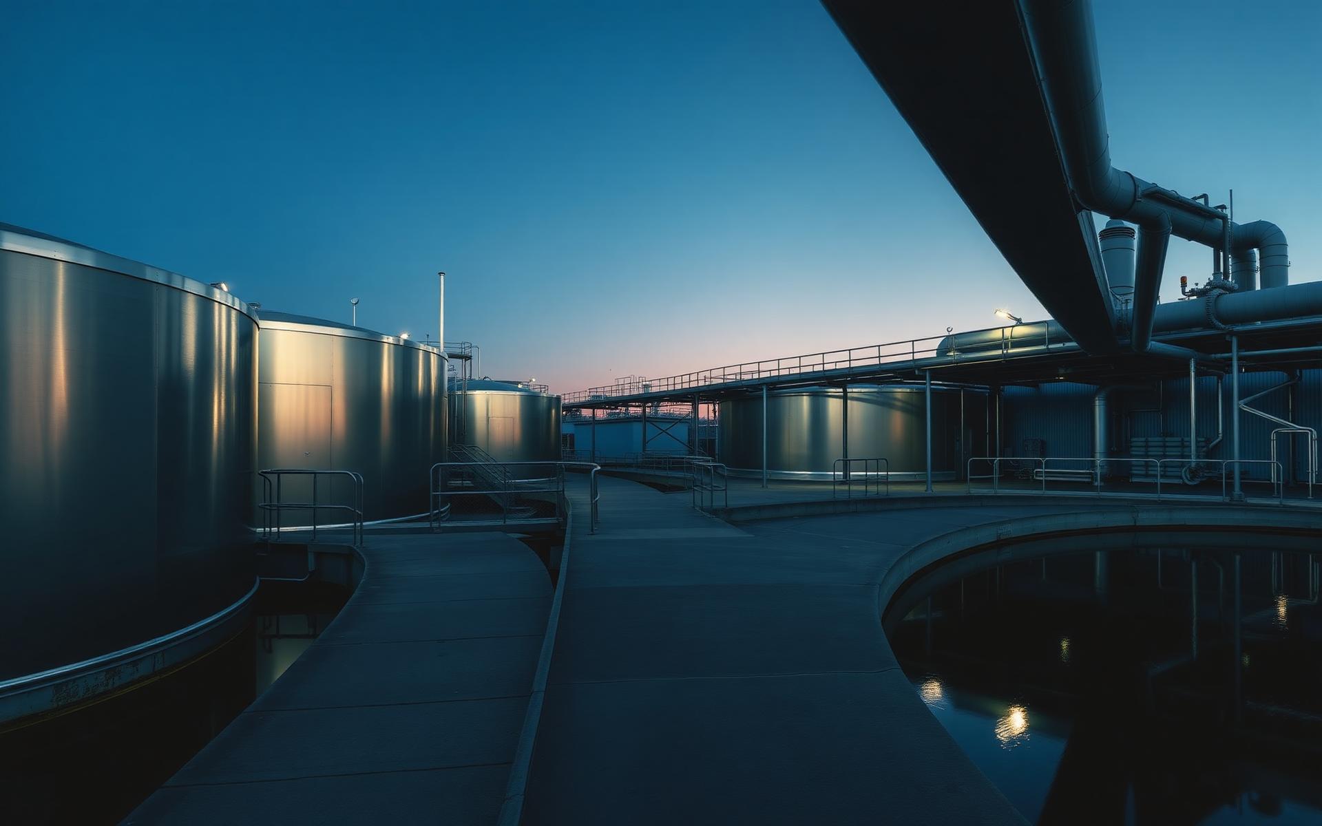 Modern industrial wastewater treatment and reuse facility at dusk